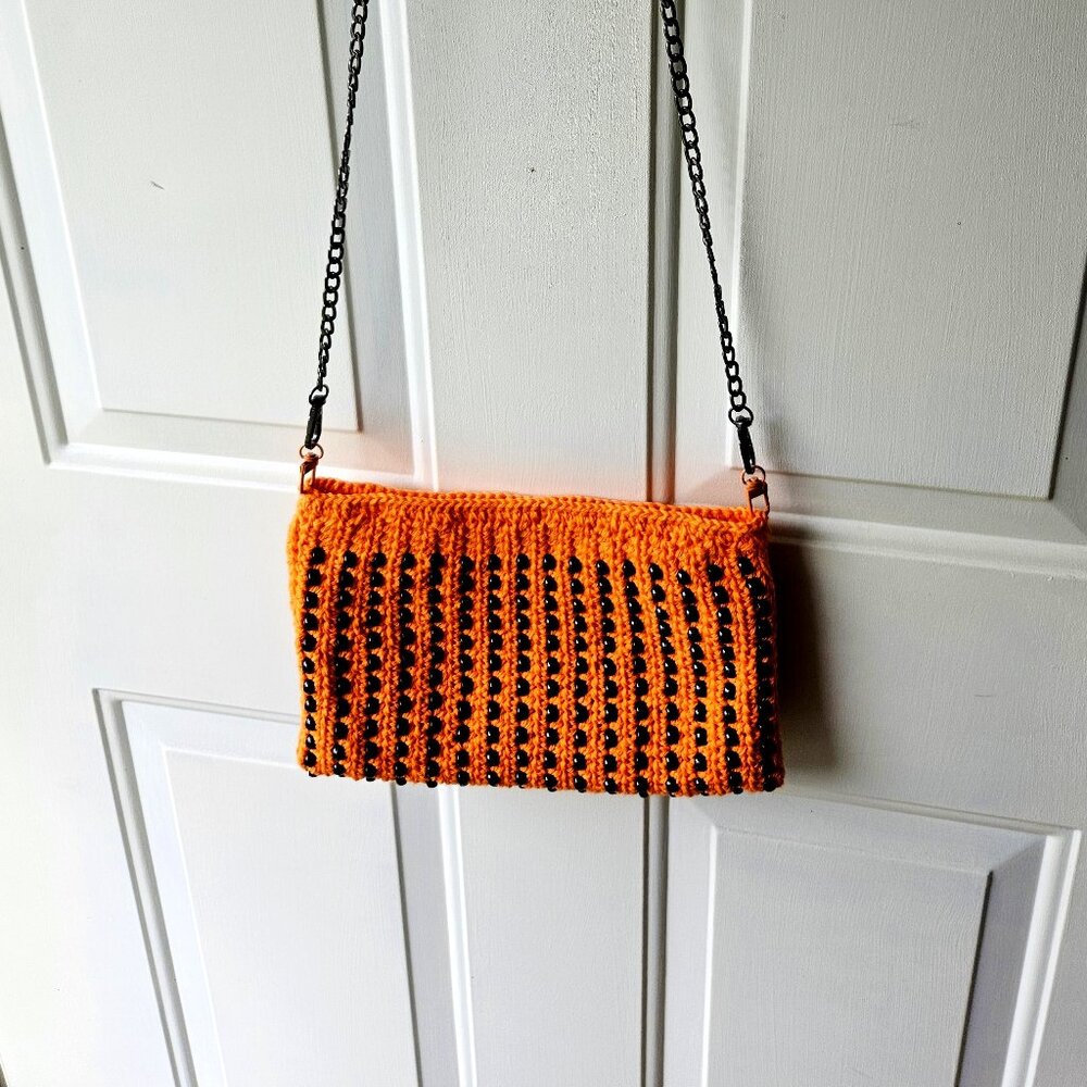 Crochet Beaded Clutch/Crossbody Bag in Orange